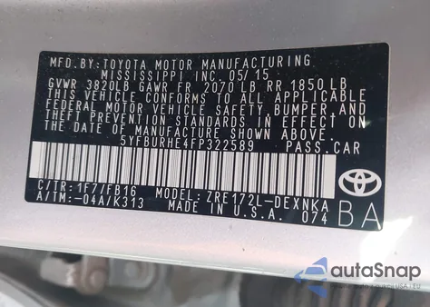 2015 Toyota Corolla L from USA, damaged, VIN 5YFBURHE4FP322589